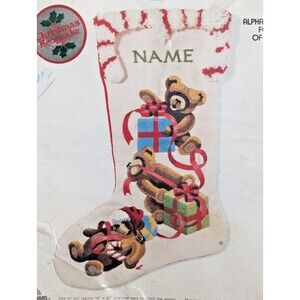 Vintage Sunset Stitchery Jingles Loves Christmas Teddy Bear Crewel Stocking Kit